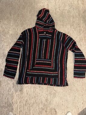 Pacifica Black Hooded Crewneck Sweater with Red and Blue Stripes